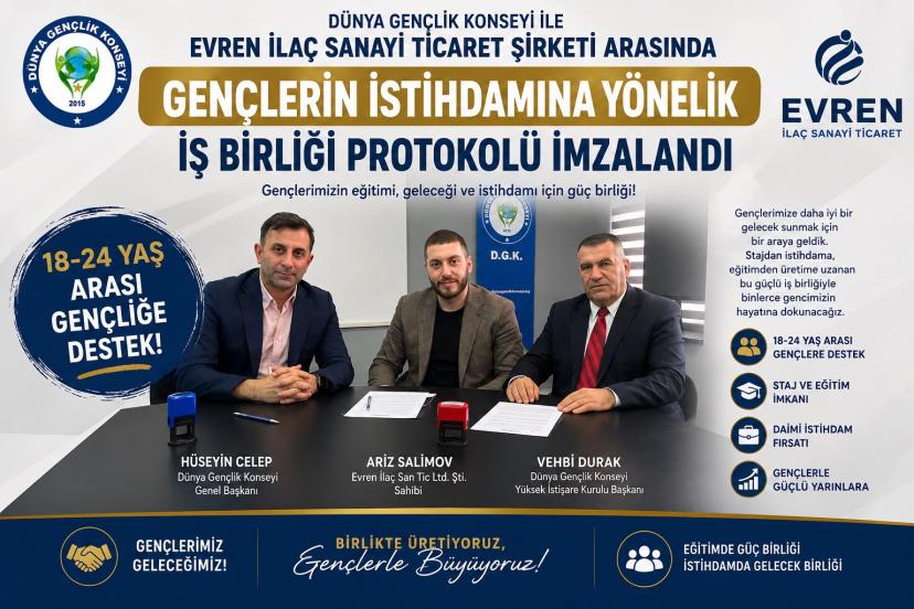 Dünya Gençlik Konseyi ile Evren İlaç Sanayi Ticaret Şirketi Arasında Gençlerin İstihdamına Yönelik İş Birliği Protokolü İmzalandı